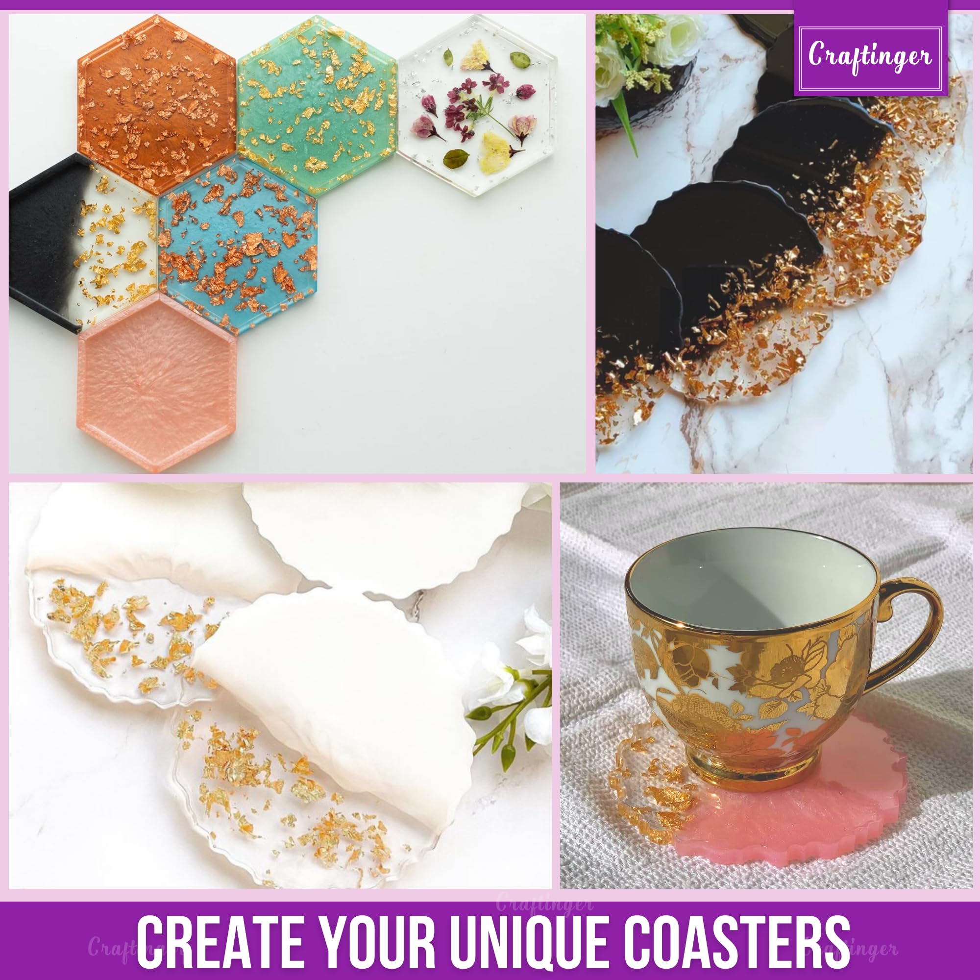 Craftinger Diy Resin Coaster Kit With 200Gm Epoxy Resin Moulds And More, Multicolor